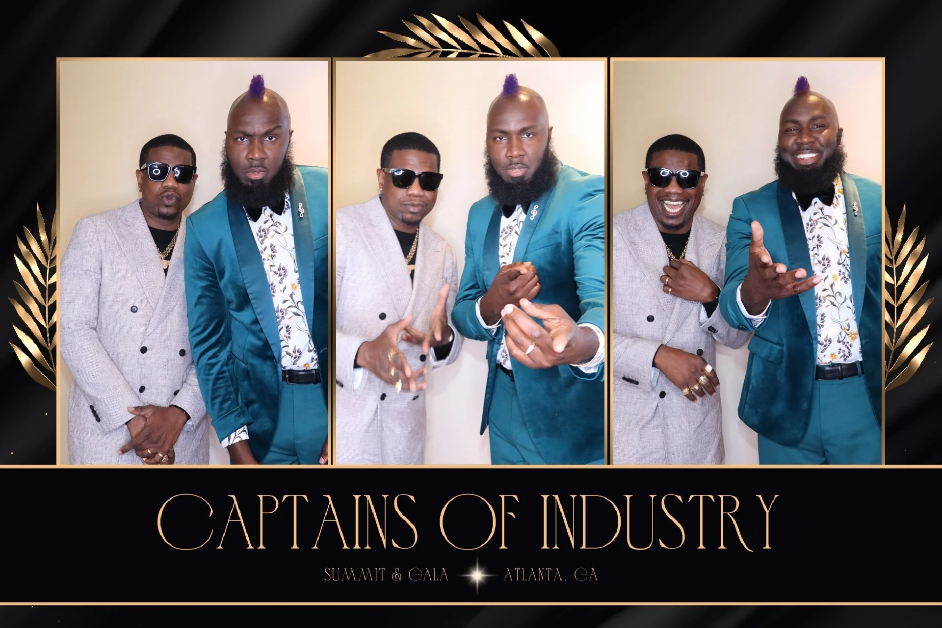 Three men in stylish suits posing at the 'Captains of Industry' summit and gala in Atlanta, Georgia, with the middle man wearing sunglasses and the man on the right making a hand gesture, all with confident expressions.