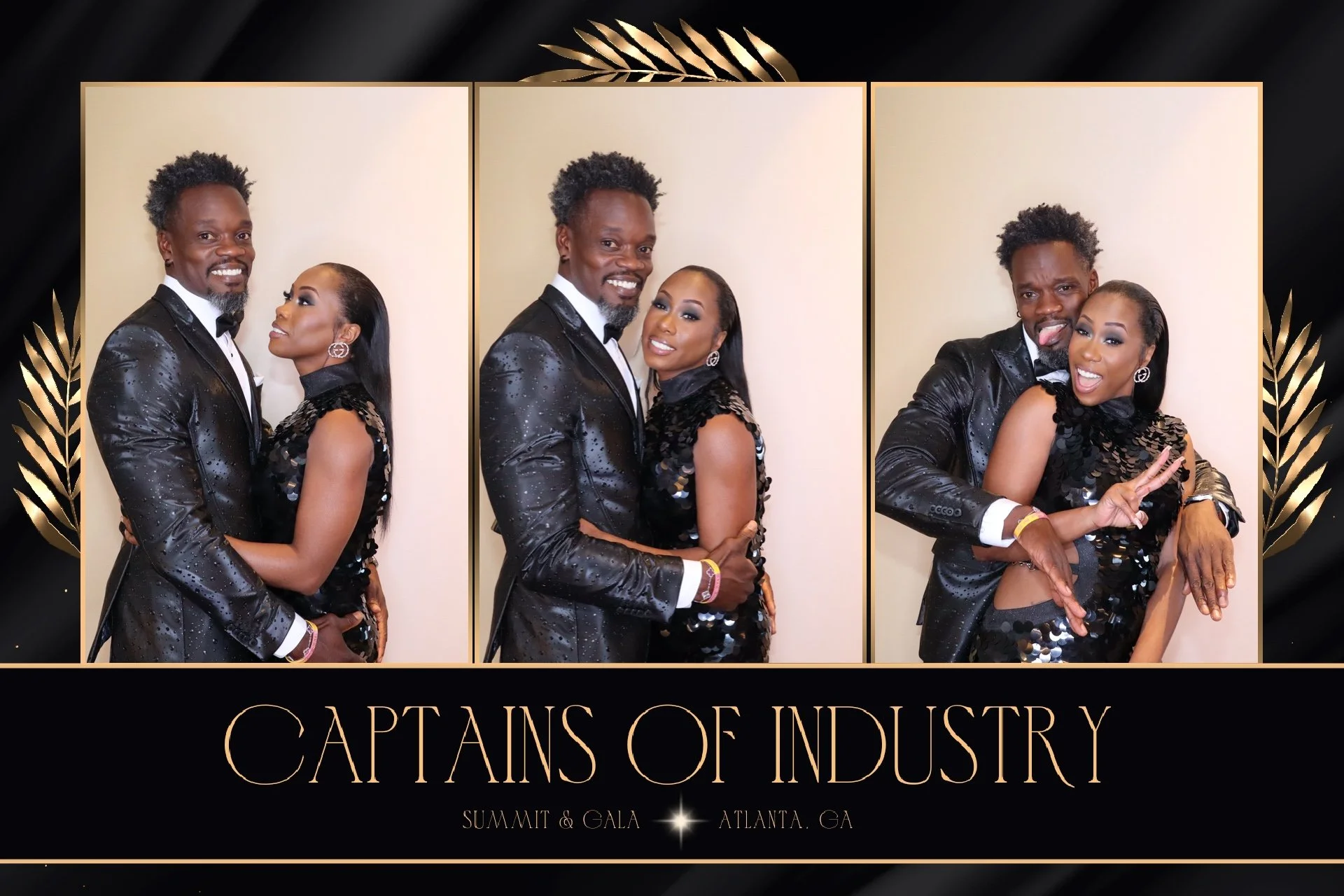 Three photos of a man and a woman in formal attire, posing closely together at the 'Captains of Industry' summit and gala in Atlanta, Georgia, with a decorative black and gold background.
