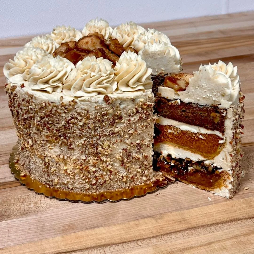 That&rsquo;s no cake&hellip; that&rsquo;s a PIECAKEN!  Layers of pecan pie, pumpkin pie, and apple cake suspended in spiced buttercream and topped with apple pie filling. Why the need to choose which pie you&rsquo;ll have for dessert when you can hav