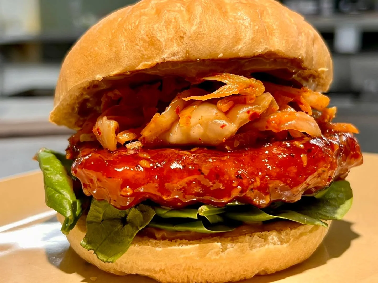 New vegan sandwich in the menu- the Korean BBQ &ldquo;chicken&rdquo;! 
Crispy veggie chicken patty tossed in our house Korean BBQ sauce; with Pitchfork Pickles kimchi, spinach, and black garlic aioli on a La Panciatta Bakery bun. It&rsquo;s an umami 