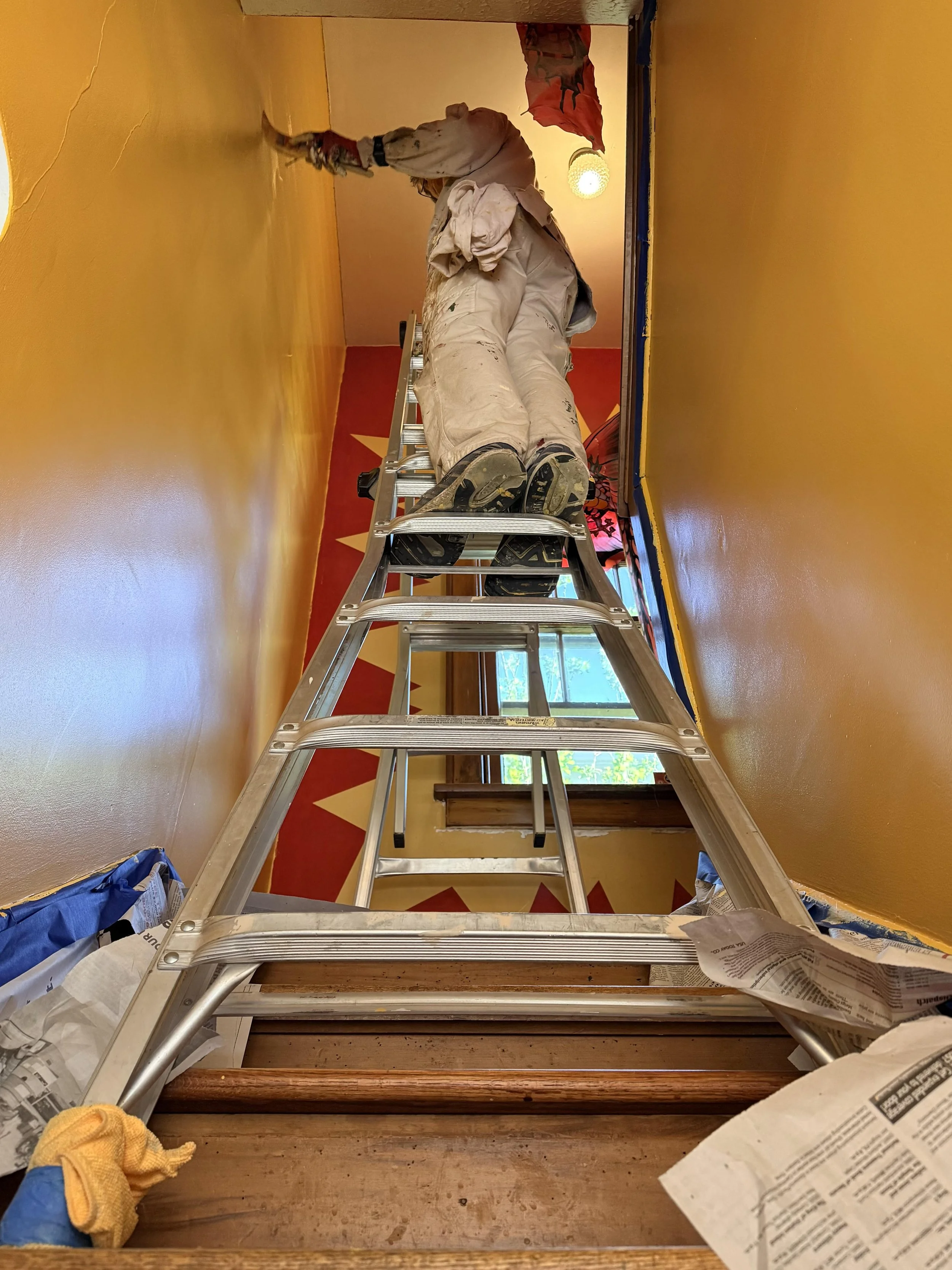 person standing on a ladder painting a wall