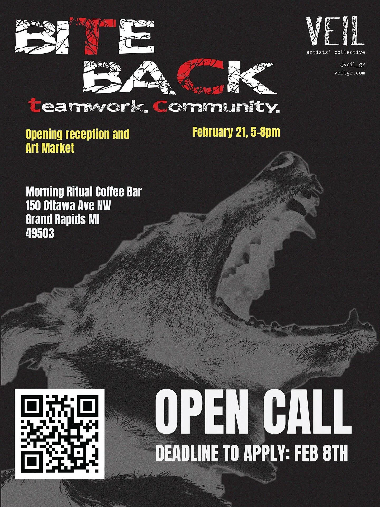 VEIL presents &ldquo;bite back&rdquo;, an exhibition for community involvement and togetherness, hosted at @morningritual_coffeebar february 21st ⚔️ link in bio or scan QR to apply! looking for market vendors &amp; exhibiting artists! deadline to app