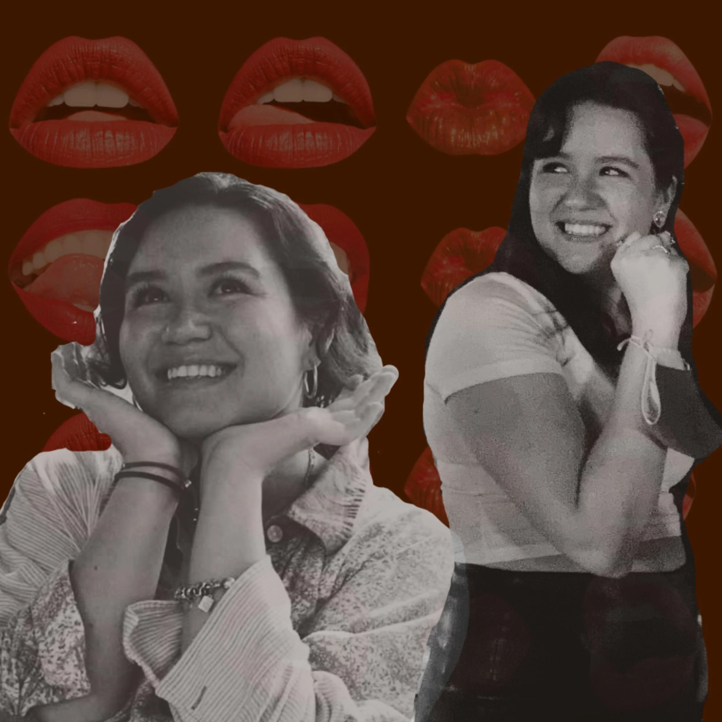 Black and white photo of a smiling woman with short hair and a man with short dark hair, both wearing patterned tops, with a background of multiple red lips and a woman’s face.