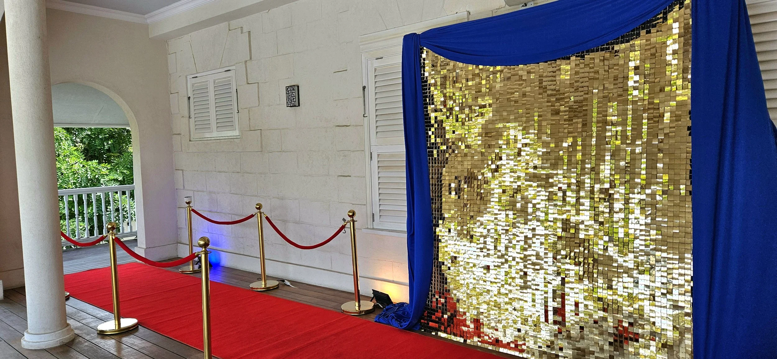 Stanchions, Red Carpet, Gold  Backdrop