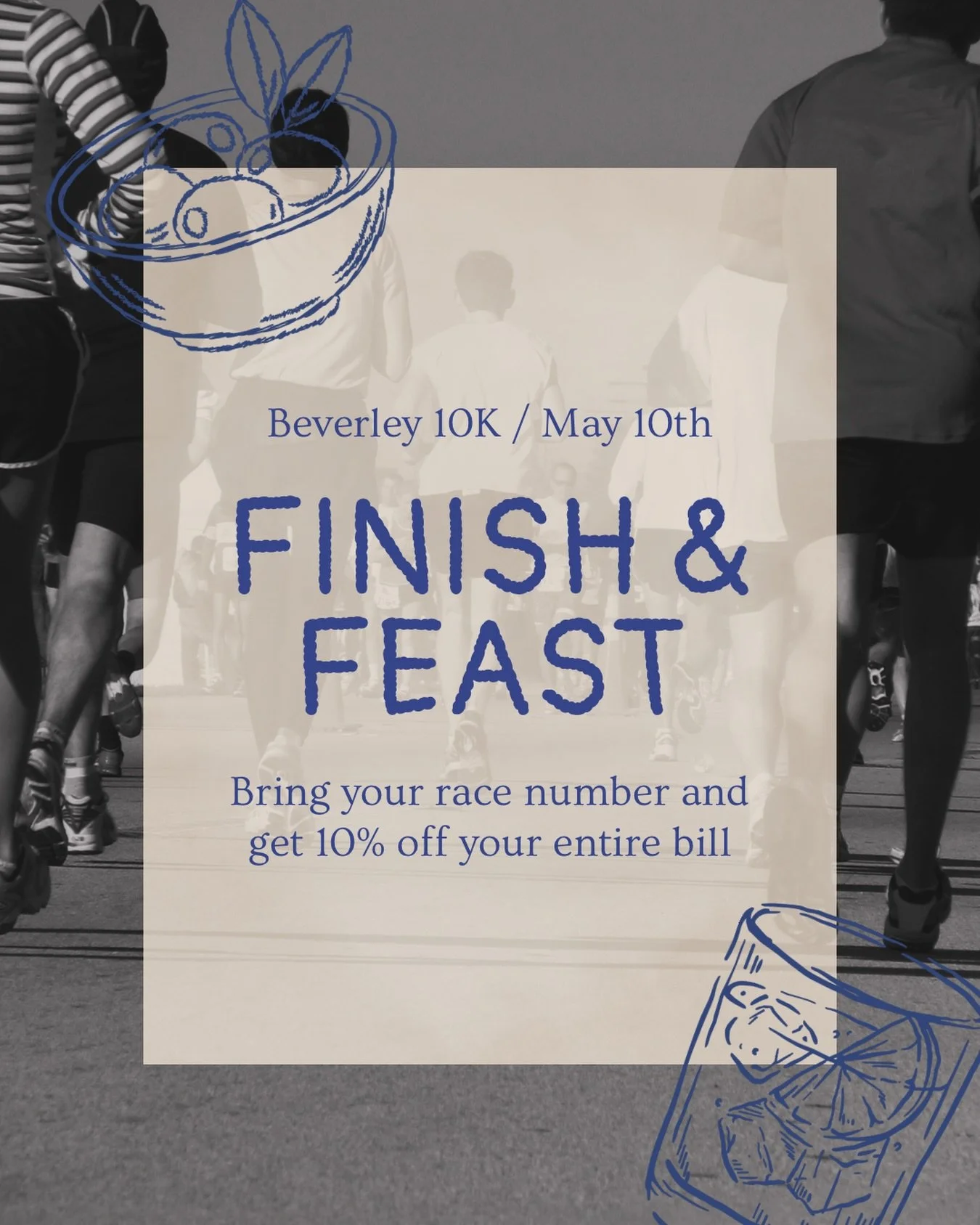 Big cheers to everyone running the Beverley 10K on May 10th! Bring your race number and enjoy 10% off your entire bill 💙