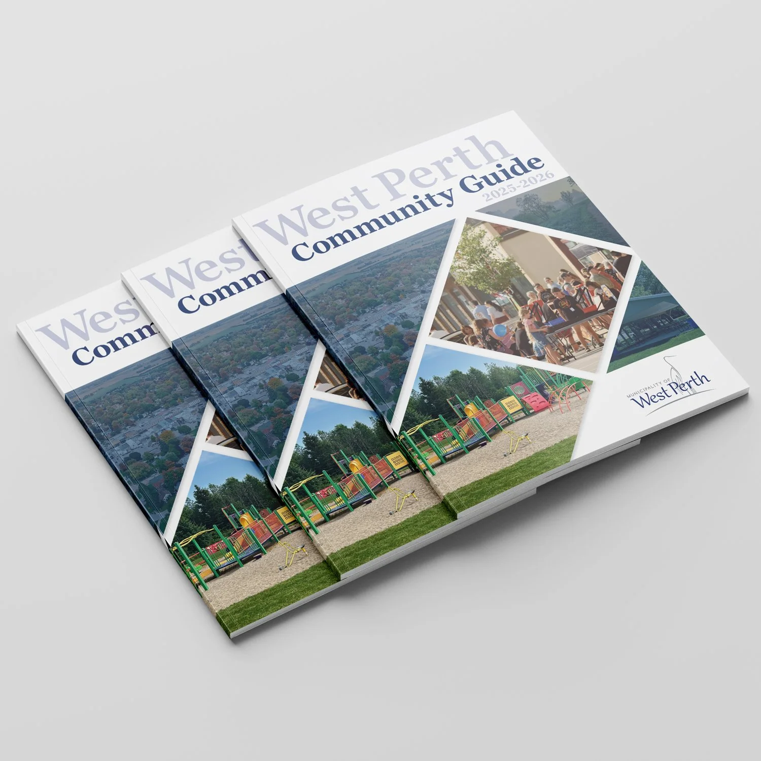 Three copies of a community guide booklet titled "West Perth Community Guide 2025-2026." The cover features a collage of images including a playground, a community event with people gathered outside, and a view of West Perth from above.