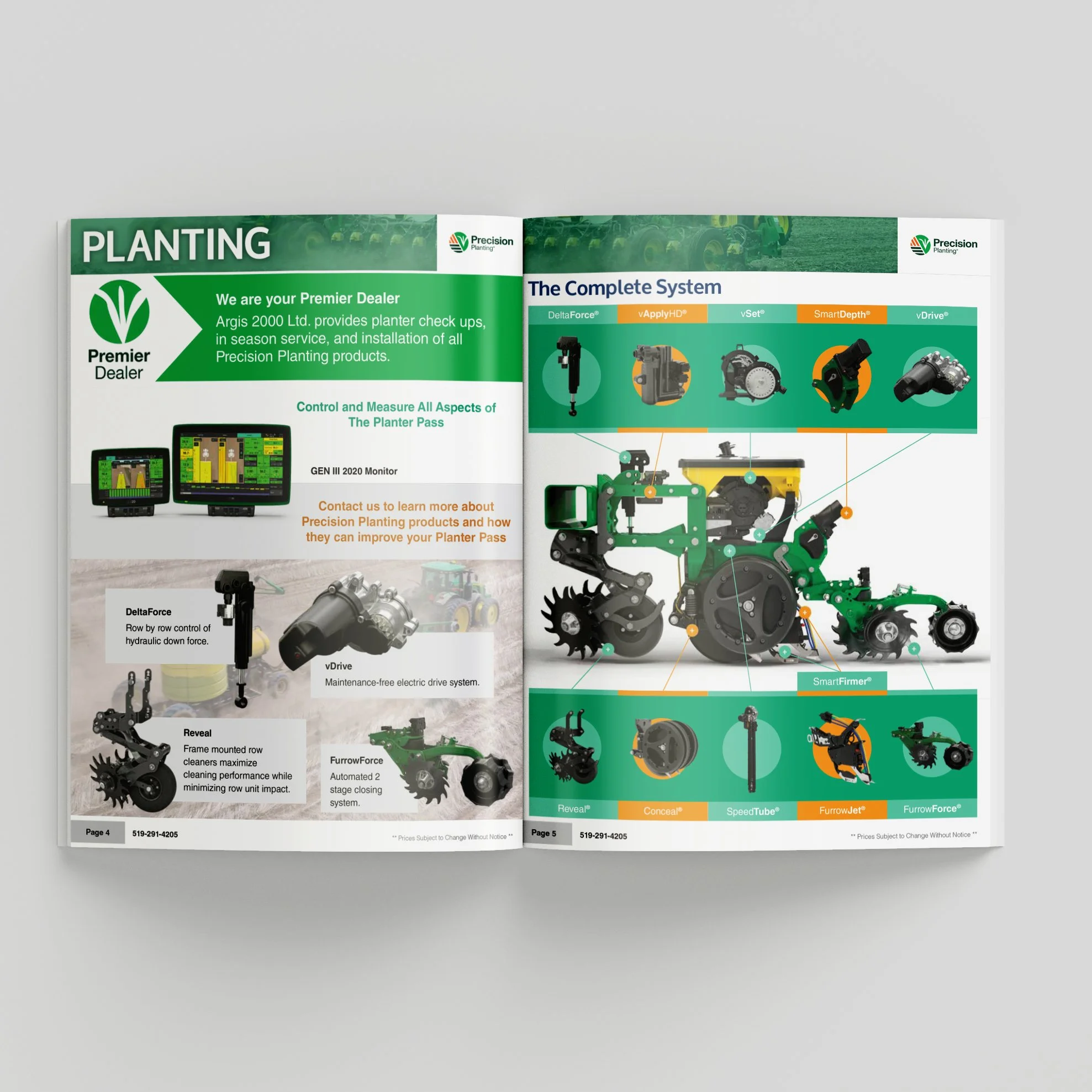 Open Argis 2000 Ltd. Product Guide showing pages about planting equipment, with images of machinery and system components. The left page has text about Precision Planting, including monitor images and system descriptions. 