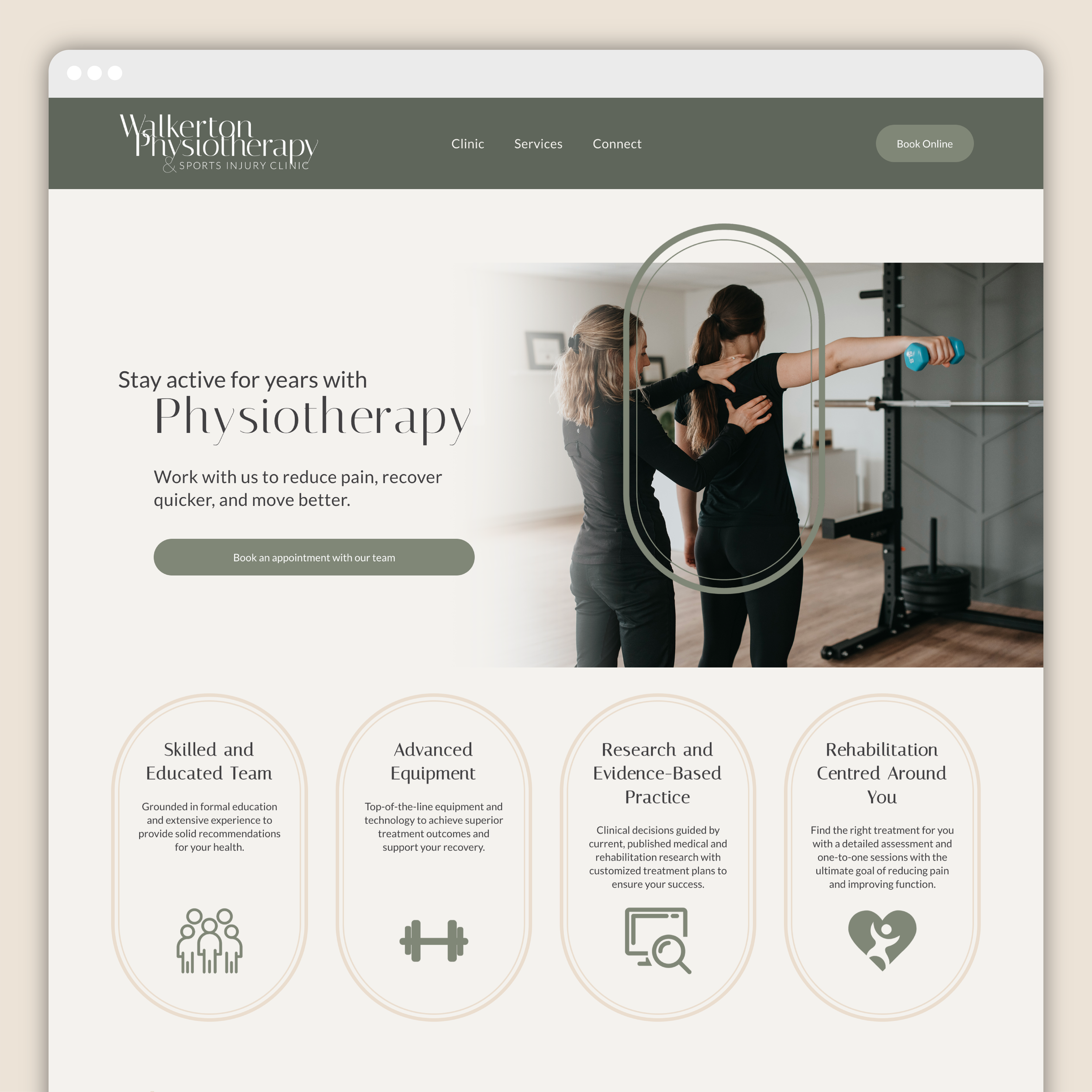 Website homepage for Walkerton Physiotherapy and Sports Injury Clinic featuring a therapist assisting a patient with shoulder exercises in a gym setting.