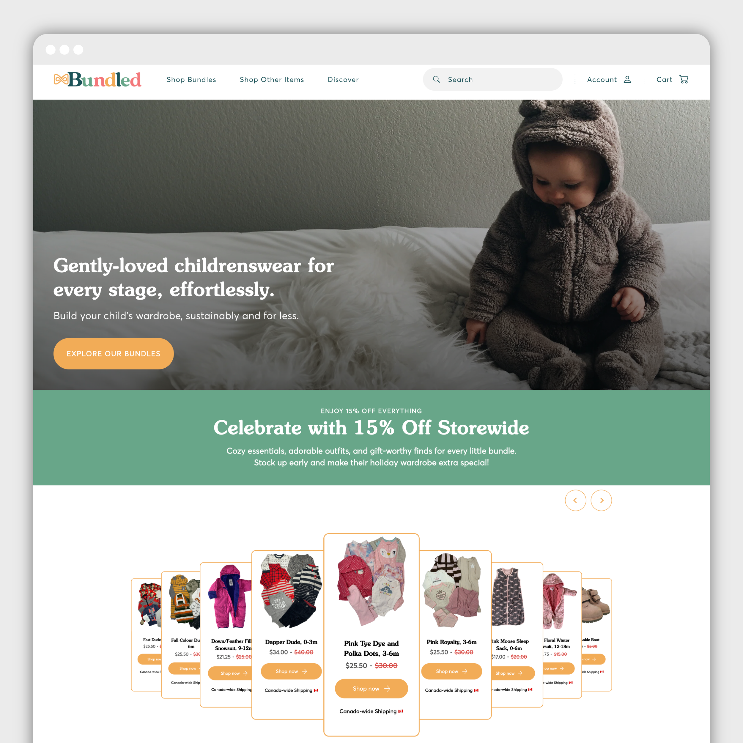 Online children's clothing store homepage featuring a young child in a bunting suit, along with promotional banners for discounts and product images of baby and toddler clothing.