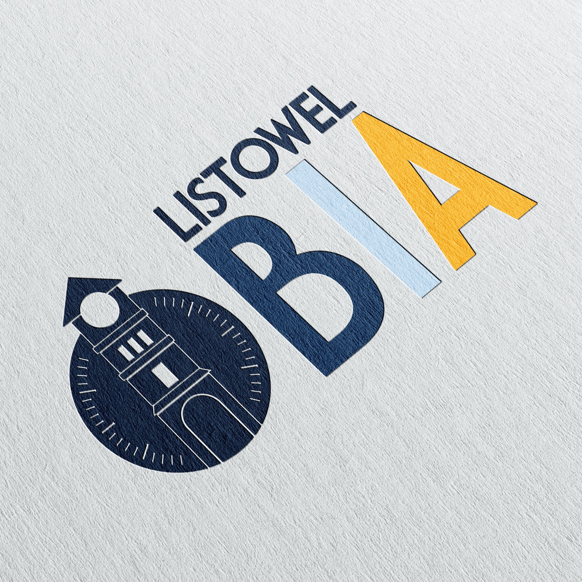 Logo Design featuring Listowel BIA with a clock icon and stylized typography.