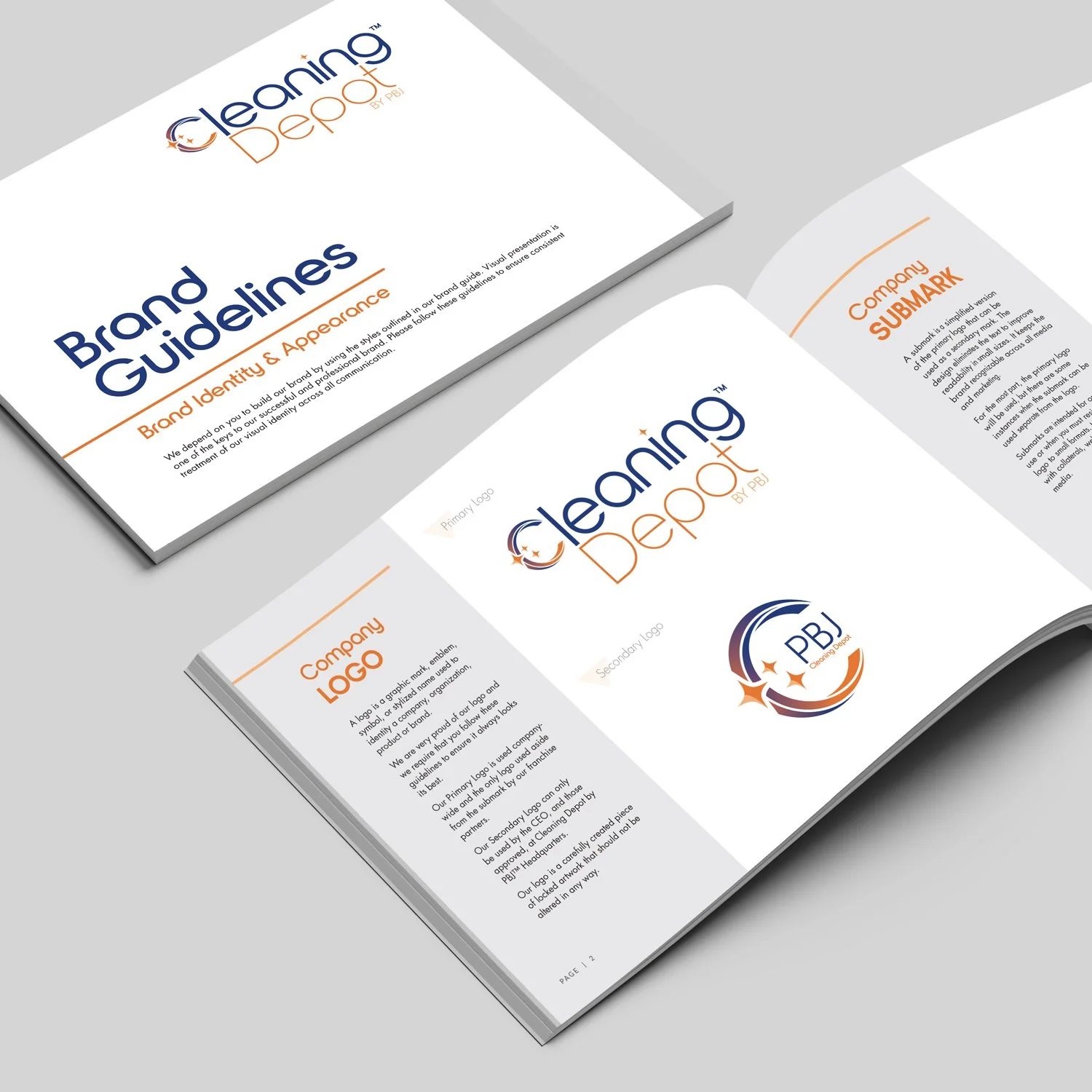 Open brand guidelines booklet for Cleaning Depot, showcasing their brand identity and appearance, including their primary and secondary logos, with text describing company branding and visual presentation.