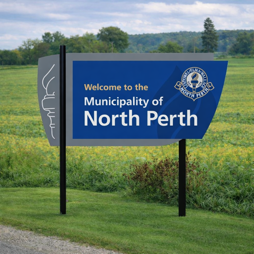 A welcome sign for the Municipality of North Perth, featuring a blue background, white text, a North Perth emblem, and a decorative outline on the side, set in a grassy rural area with trees and a cloudy sky in the background.