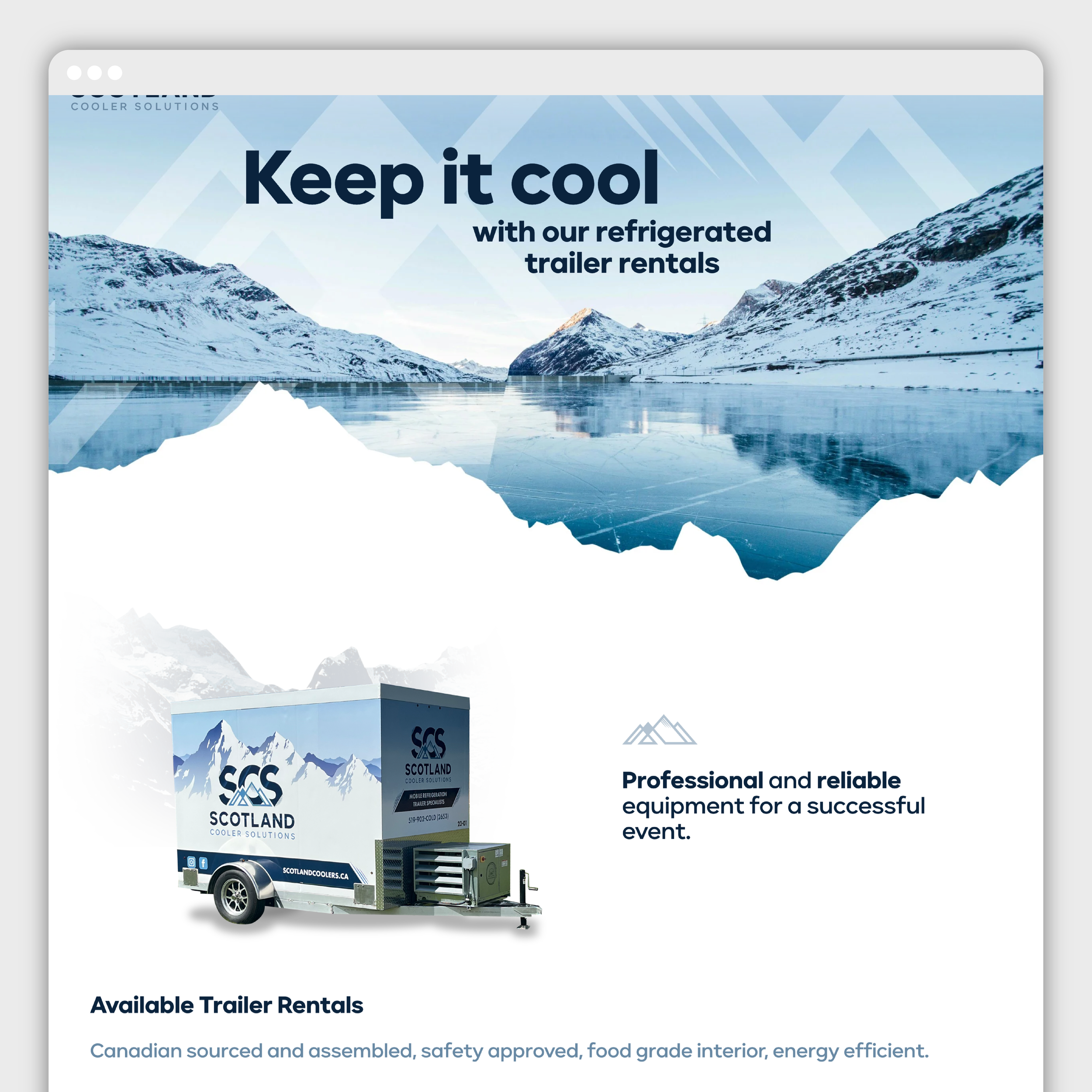 Website page for Scotland Cooler Solutions refrigerated trailer rentals with an image of snow-covered mountains and a trailer branded 'Scotland Cooler Solutions'.