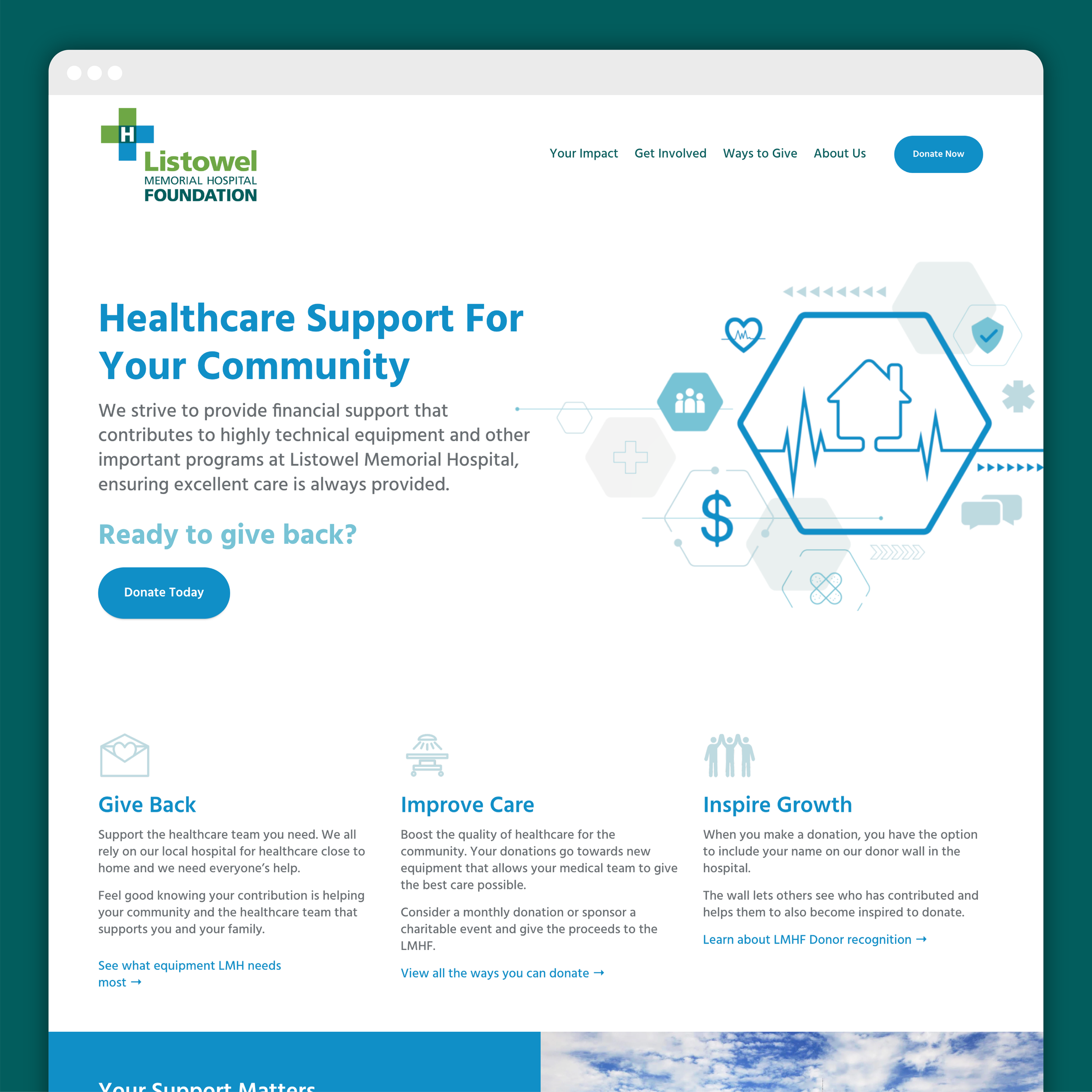 A webpage for Listowel Memorial Hospital Foundation showing healthcare support information, donation options, and community programs.