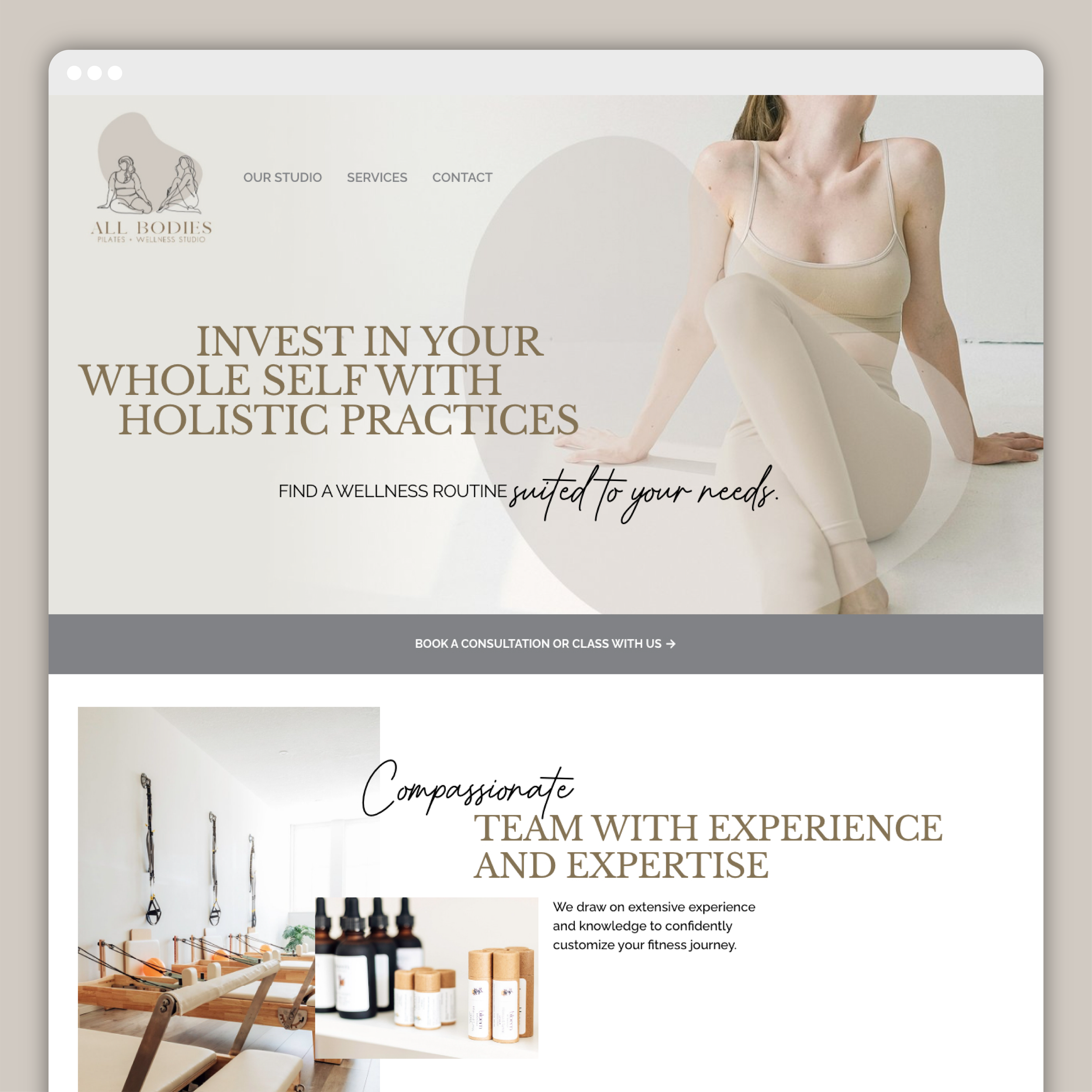 Website homepage for a wellness studio called All Bodies, image of a woman in neutral-toned workout clothes sitting on the floor, with text promoting holistic self-care practices, team experience, and expertise, along with images of pilates equipment
