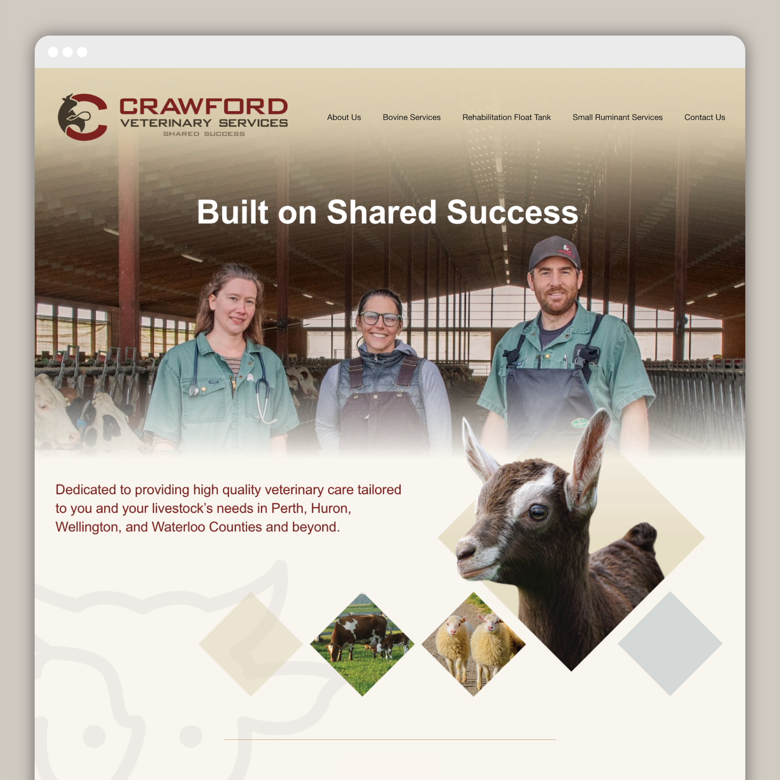 Website page of a veterinary services website with a photo of three veterinarians inside a barn, and images of livestock including a calf, sheep, and goats.