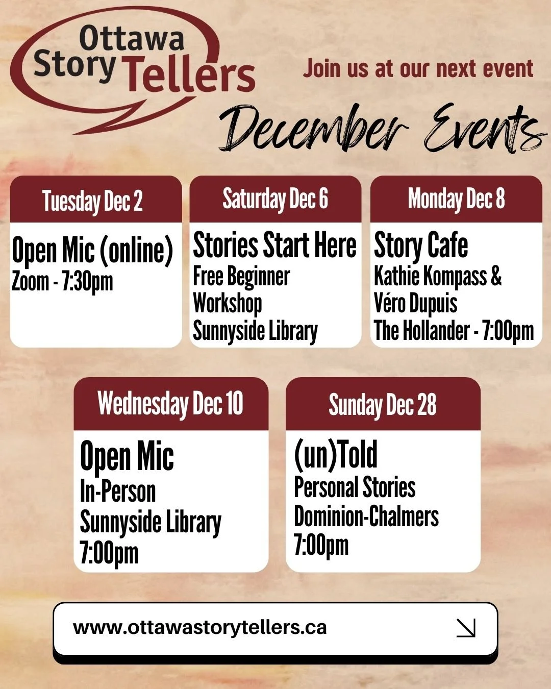 Another great month for stories in #ottawa! Take a look at this month's events and join us. For more information on any of our events visit www.ottawastorytellers.ca!

#StorytellingInOttawa #storytellersofottawa #613Events #storytelling #Storytellers
