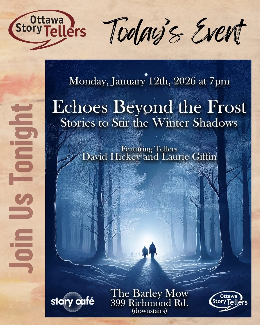 Story Cafe is on tonight featuring David Hickey and Laurie Giffen! Join us tonight at the Barley Mow (399 Richmond Rd.) for Story Cafe. #storytellersofottawa