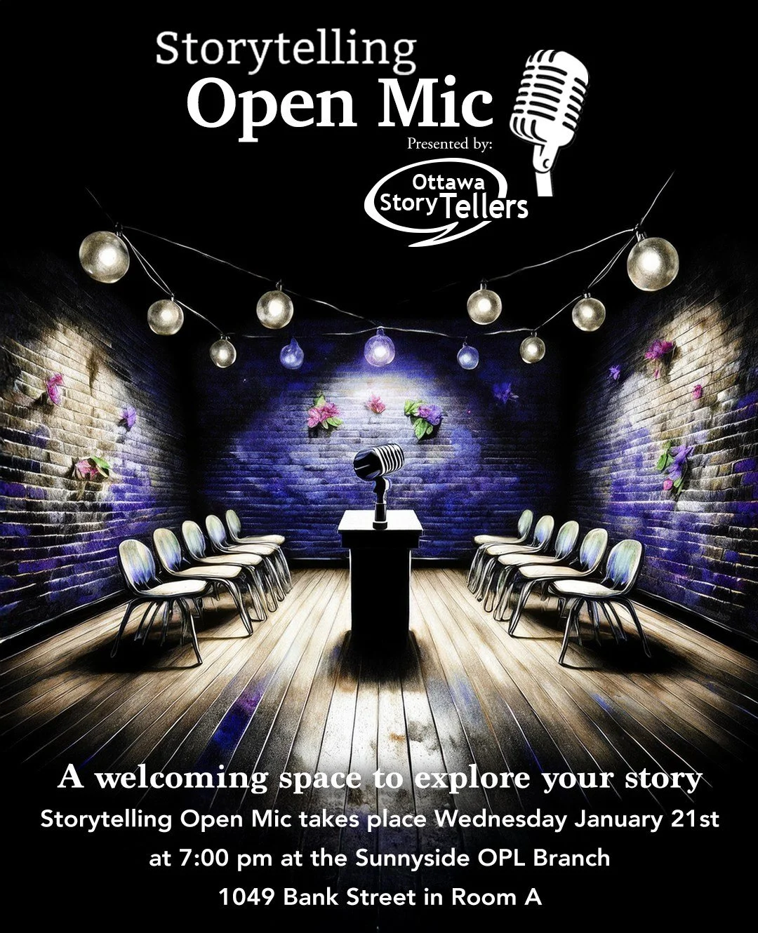 Coming up tomorrow it's our first Storytelling Open Mic (in-person) of 2026! We're back at Sunnyside Library (@opl_bpo) at 7:00pm, come join us and try storytelling for yourself or sit back and listen to stories from the community. 

Open Mic is free