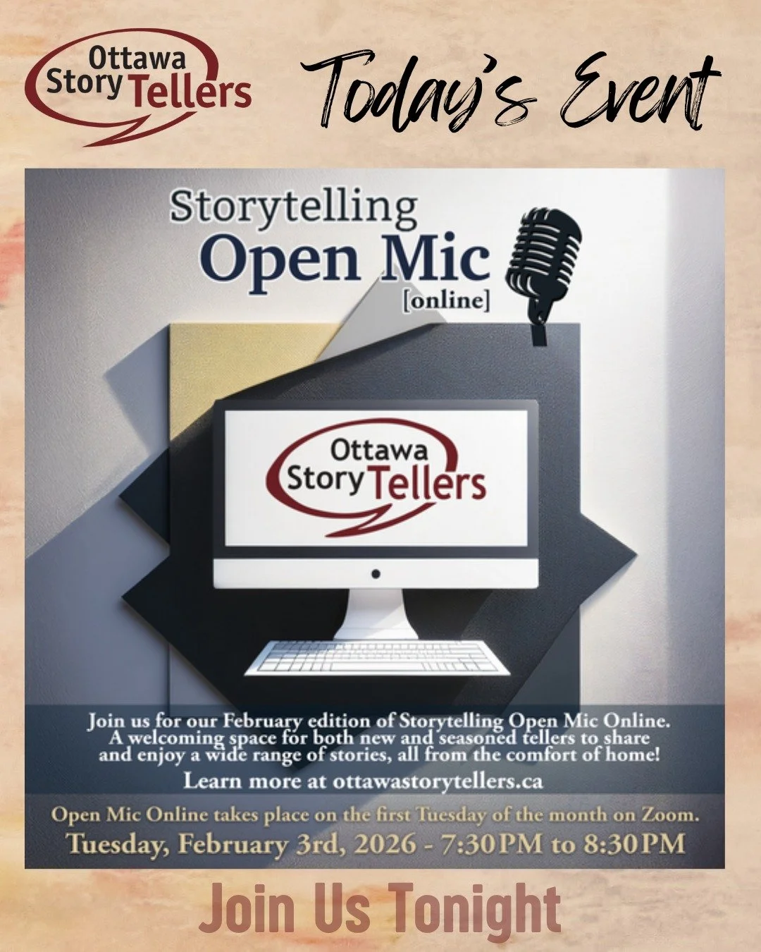 Join us tonight for Storytelling Open Mic Online 🎤

Join us from the comfort of home for an evening of great stories. Come to listen, or grab the mic and tell one yourself.

🗓 Tuesday, February 3
⏰ 7:30&ndash;9:00 PM
📍 Zoom
📅 Happens the first Tu