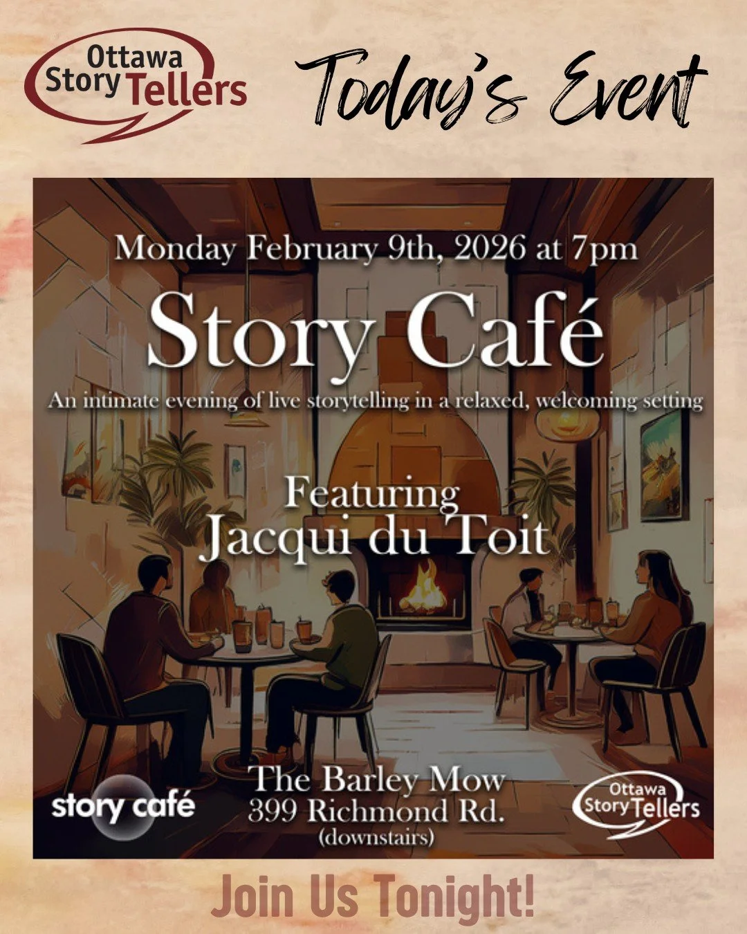 Join us tonight at 7pm at The Barley Mow for another evening of Story Cafe, this month featuring the Ottawa Arts Award Winning Jacqui Du Toit! See you tonight for an evening of stories sure to warm you up. 

#ottawastorytellers #ottawa #storytellerso