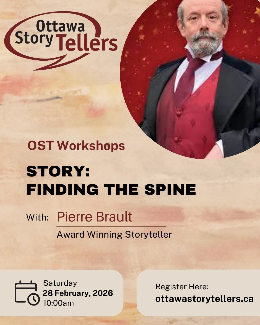 Award-winning actor and storyteller Pierre Brault begins a three-part series with a deep dive into the heart of your story. Take each workshop as its own, or try all three! The first is coming up on February 28. 

🎭 STORY: Finding the Spine
With Pie