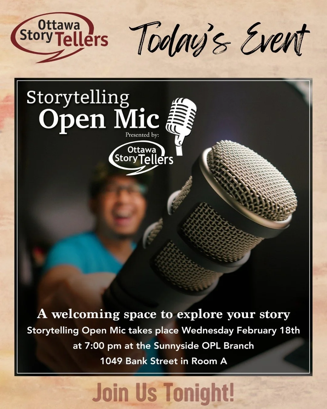 Storytelling Open Mic is on tonight at the Sunnyside Branch of the Ottawa Public Library / Biblioth&egrave;que publique d'Ottawa. See you tonight at 7pm! 

#ottawastorytellers #storytellersofottawa #storytellersofcanada #ottawalife #ottawaarts #ottaw