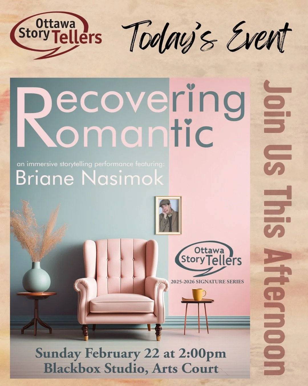Join us this afternoon at 2pm for Recovering Romantic, today's Signature Series show! We'll be at Arts Court, 3rd floor, in the studio space. Get your tickets at the door and join us for an afternoon of comedy. 😂🎤💔

#storytellersofottawa #613event
