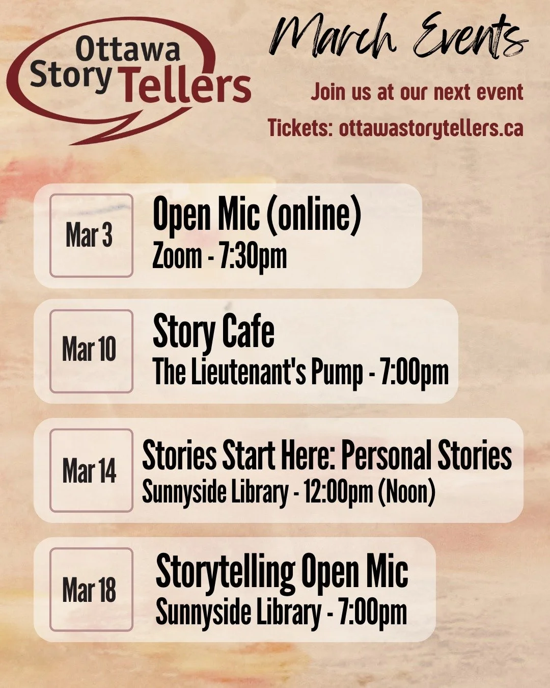 March is another busy month here at Ottawa StoryTellers! In addition to our monthly events, we present 2 workshops and our next Signature Series show! Save the dates and join us at one of our events this March. 

#ottawastorytellers #613events #ottaw