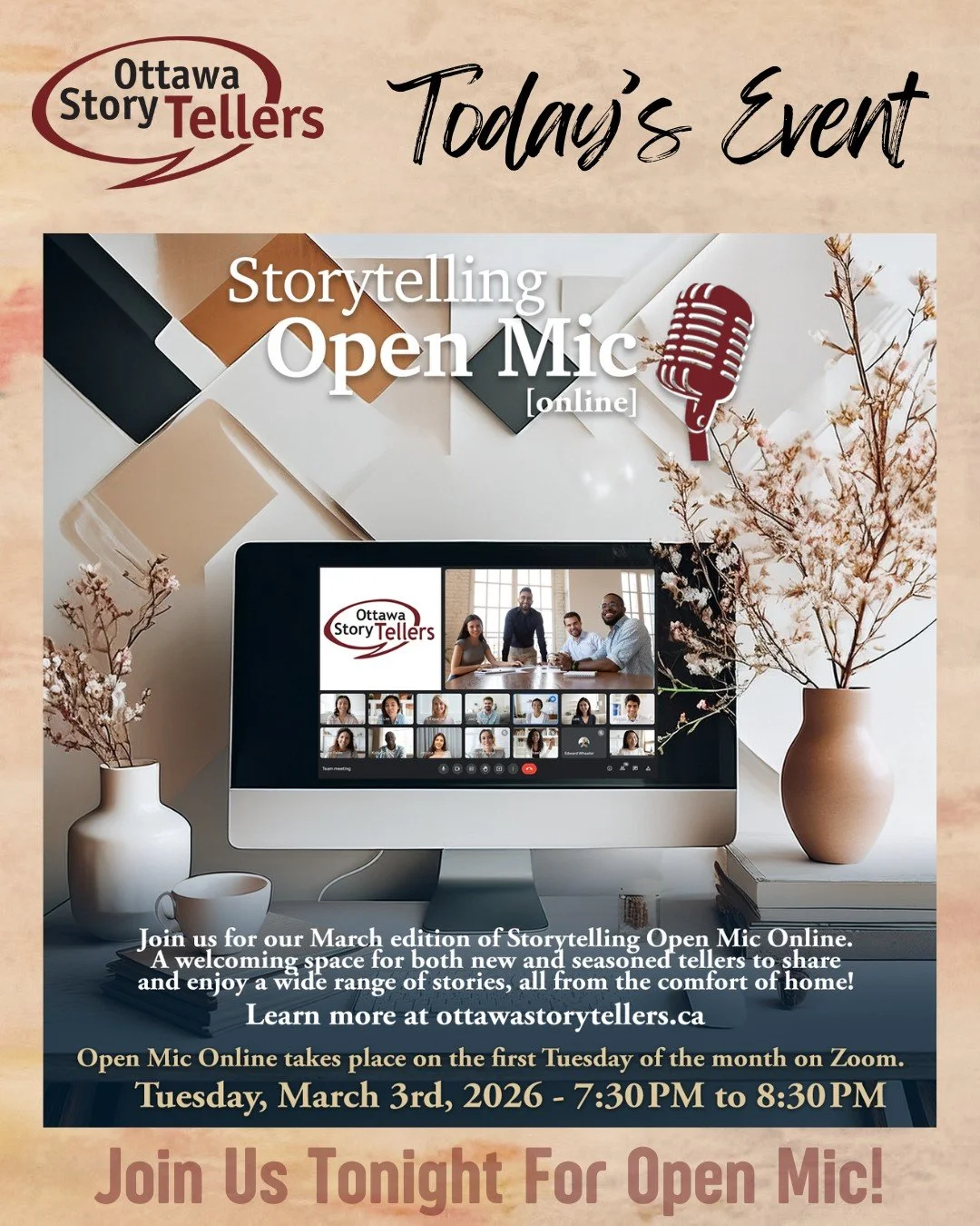 Join us tonight at 7:30pm for Open Mic (online)! If you're new to storytelling, this is the perfect place to try a story from the comfort of your own home. If you're a seasoned teller, this is a great space to try a new story out. Visit our website f