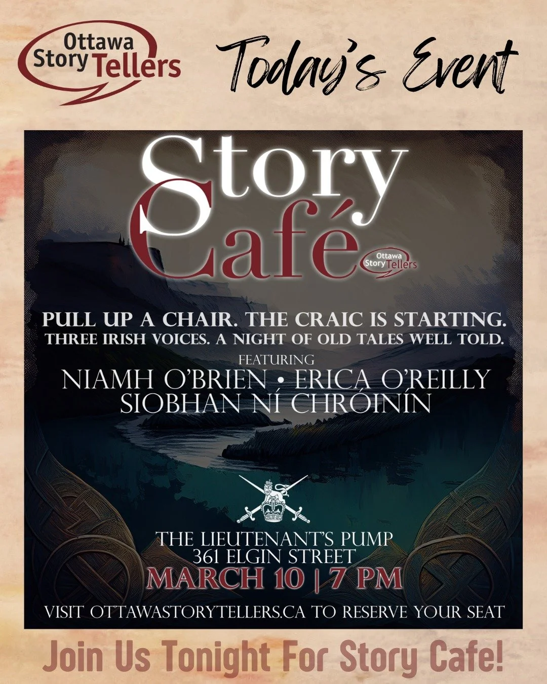 Tonight, Story Cafe is back with a new day and location!

Join us tonight for an evening of Irish stories at Story Cafe's new home The Lieutenant's Pump. Join Niamh O'Brien, Erica O'Reilly and Siobhan Ni Chroinin for stories starting at 7:00pm. See y
