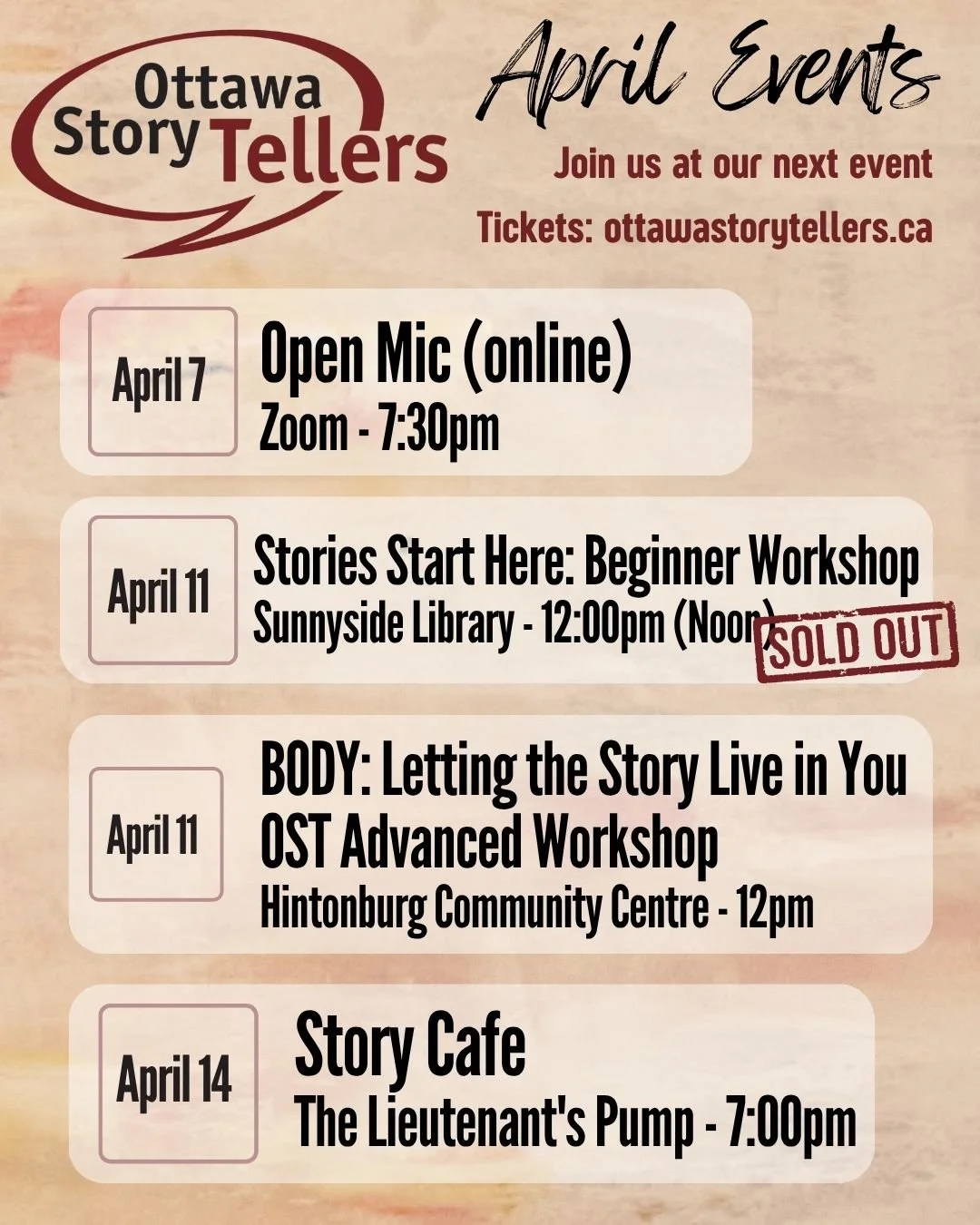 April is almost here and we have an amazing month ahead including an already sold out workshop and a new special event to celebrate personal storytelling! Join us this April and take in stories we know will stay with you...

Tuesday April 7 - Open Mi