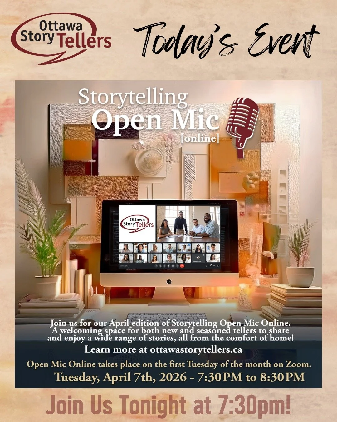 Join us tonight from the comfort of your own home for Storytelling Open Mic (online)! Get the zoom link on our website or contact us for all the details. We'll see you tonight!

#storytellersofottawa #613events #storytelling #ottawastorytellers #otta