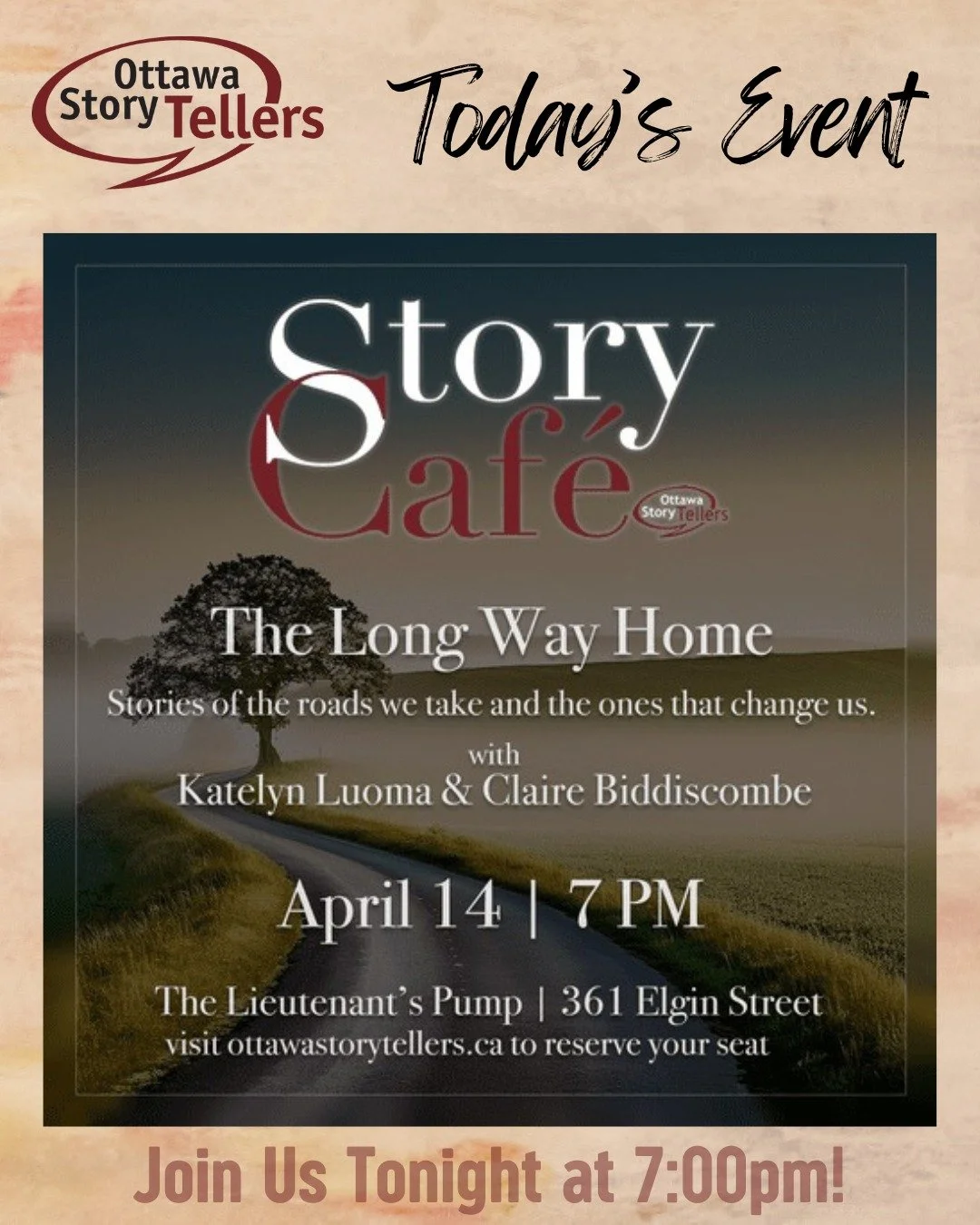 Story Cafe is on TONIGHT at 7pm at The Lieutenant's Pump! Join us for an evening of stories from Katelyn Luoma and Claire Biddiscombe, grab a drink, a snack and just sit back! 

#ottawastorytellers #storytellersofcanada🇨🇦 #storytellersofottawa #613