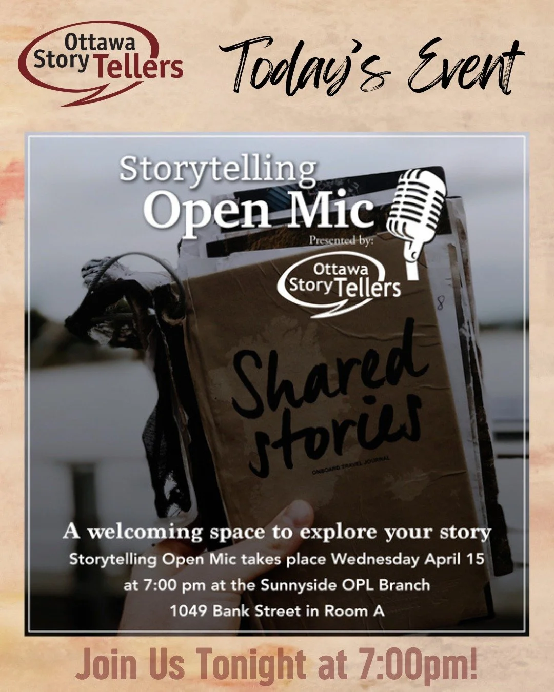 Tonight you can find us at @opl_bpo, Sunnyside Branch, for an evening of stories at Storytelling Open Mic Night!

This is a wonderful chance to try storytelling for the first time, or simply hear stories and see if Ottawa StoryTellers is the right gr
