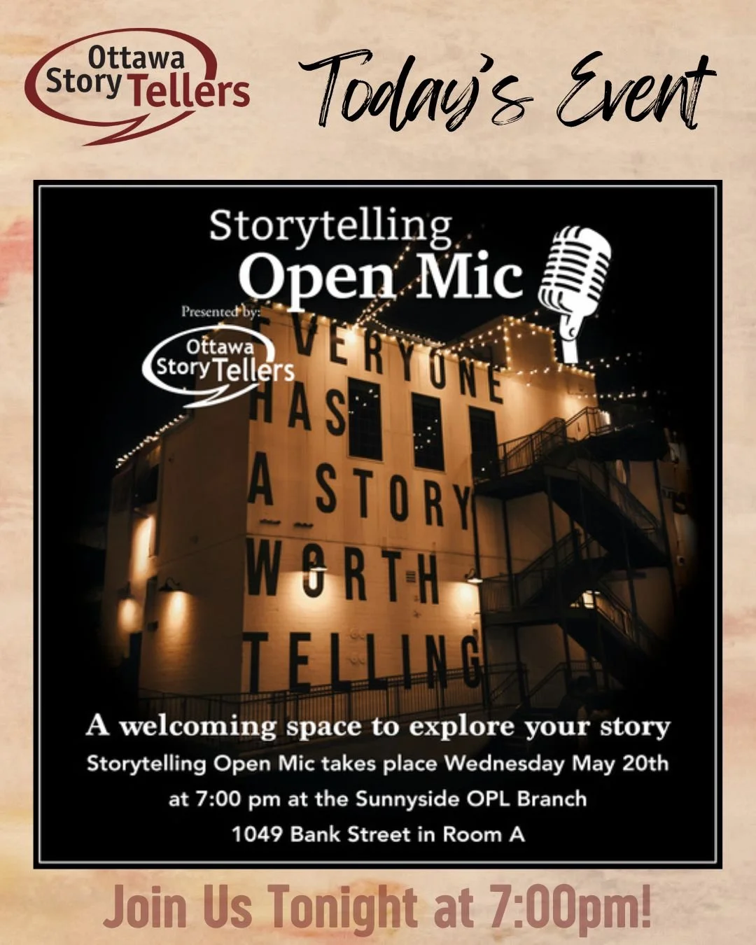 Coming up TONIGHT it's our monthly Storytelling Open Mic (in-person) at the Sunnyside Library. Every third Wednesday of the month we meet at the Library to tell stories and ALL are welcome, regardless of level of experience. 

Join us tonight at 7:00