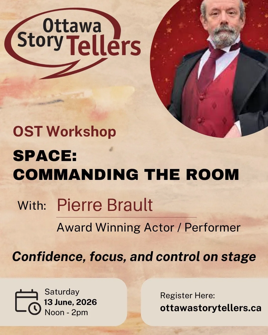 We have a fantastic workshop coming up June 13, focusing on building confidence, focus, and control on stage! 

SPACE: Commanding the Room
Saturday, June 13, 2026
Time: 12:00pm to 2:00pm
Laurel Room, Hintonburg Community Centre

From award winning ac