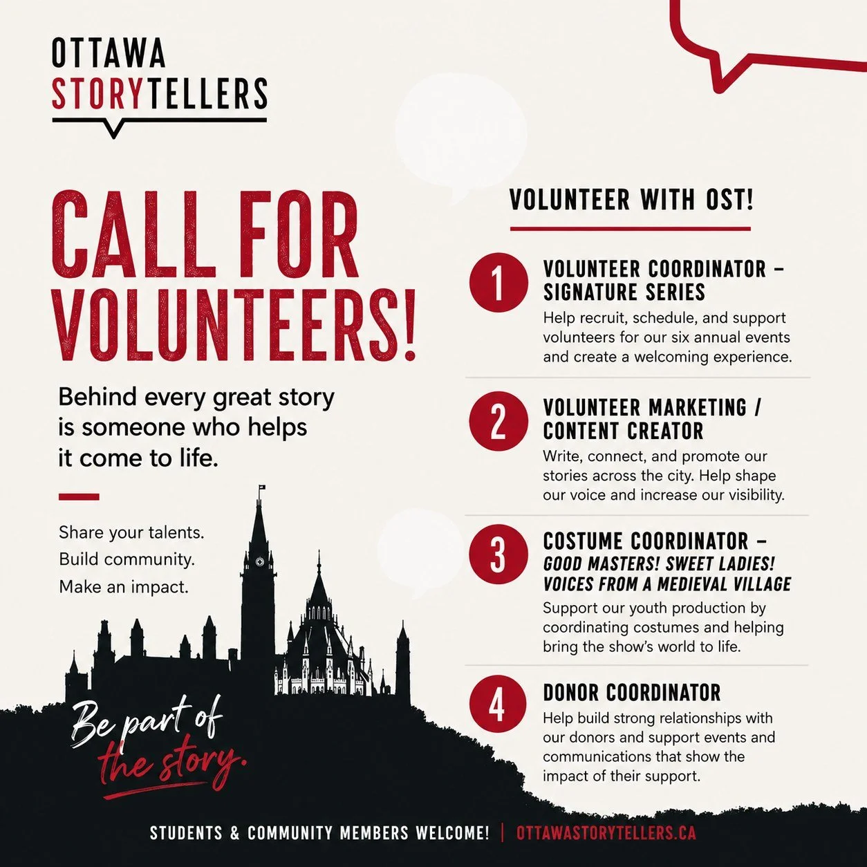Want to help stories come to life in Ottawa?

The Ottawa StoryTellers are looking for volunteers to join our community for the upcoming season. Whether you&rsquo;re passionate about events, marketing, theatre, photography, social media, fundraising, 