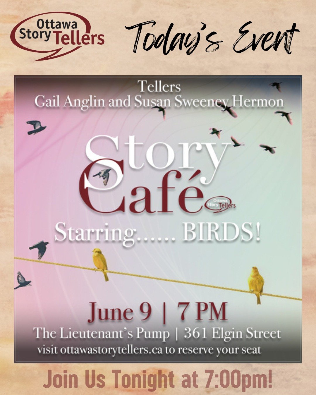 It's the second Tuesday of the month so that means Story Cafe is on tonight! Join us at the Lieutenant's Pump at 7pm for stories from Gail Anglin and Susan Sweeney Hermon. Event is free to attend, with donations accepted! 

#613events #ottawaevents #