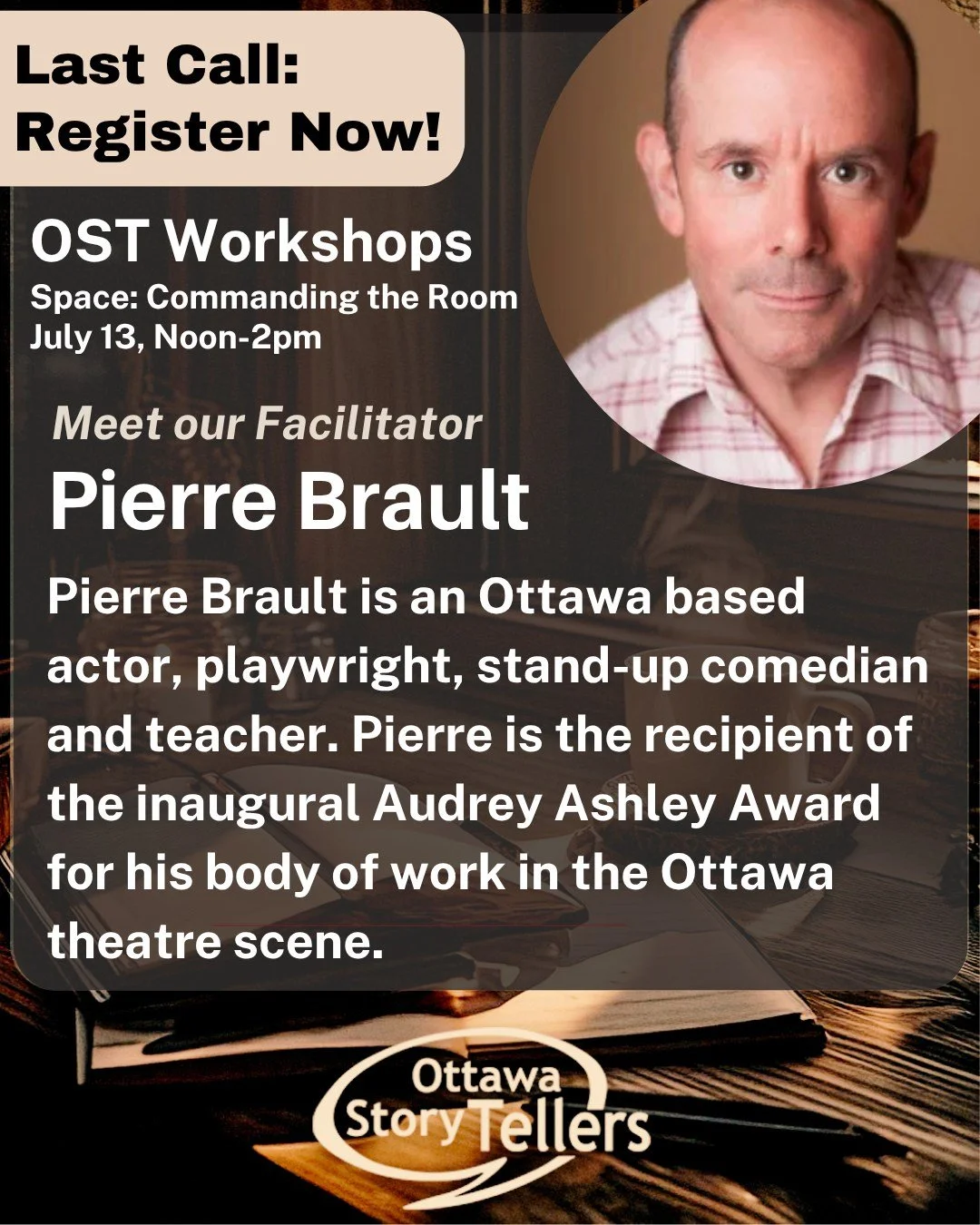 There are still a few spots available for SPACE: Commanding the Room this Saturday with award-winning actor and storyteller Pierre Brault.

Whether you're a storyteller, actor, speaker, or performer, this workshop will help you develop a stronger sta