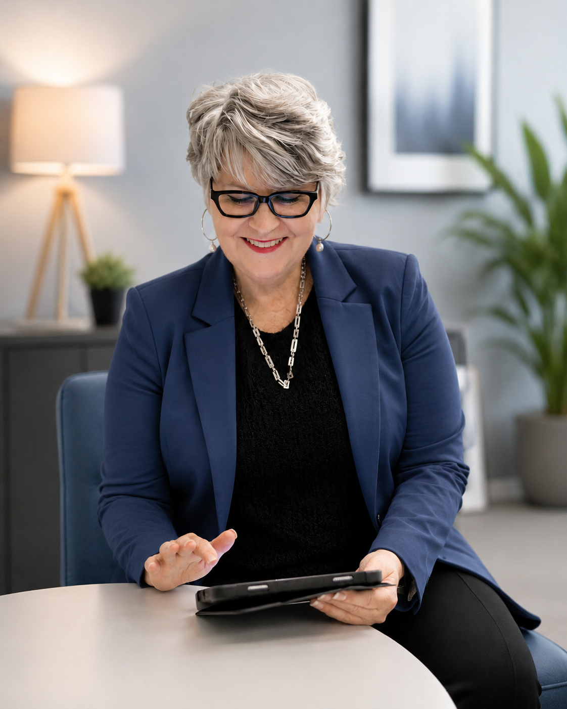 A smiling older woman with short gray hair and glasses, dressed in a blue blazer and black top, sitting at a table and looking at a tablet in her hand.