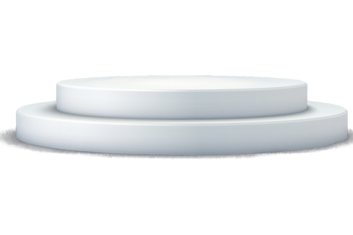 Two white circular platforms, one elevated on the other, against a black background.