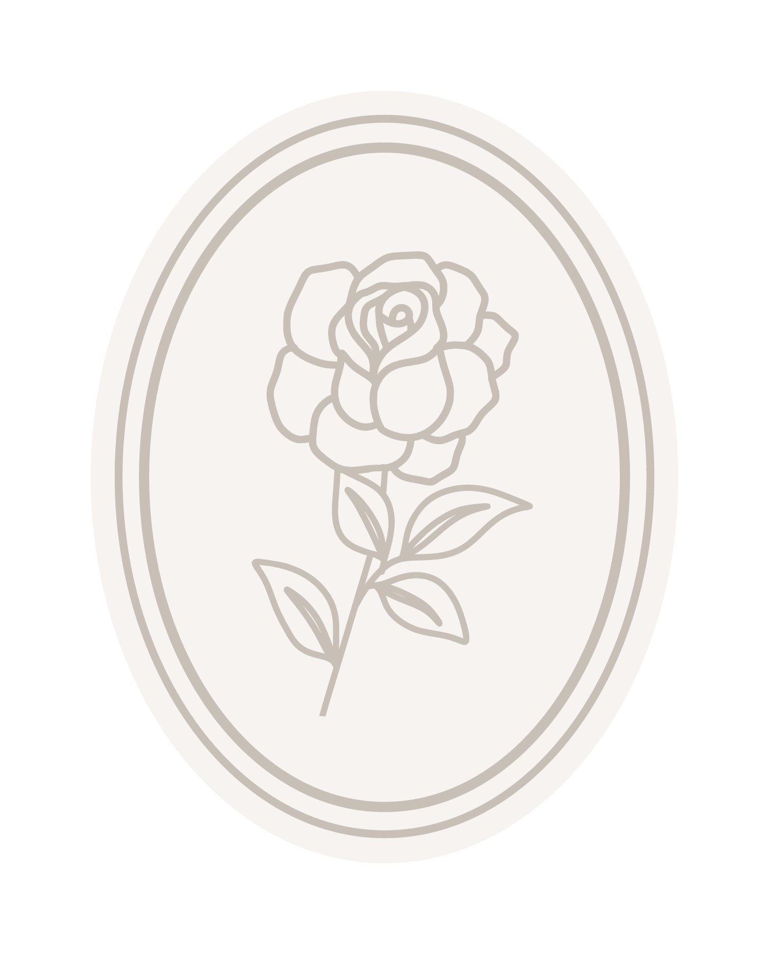Line drawing of a rose inside an oval frame.