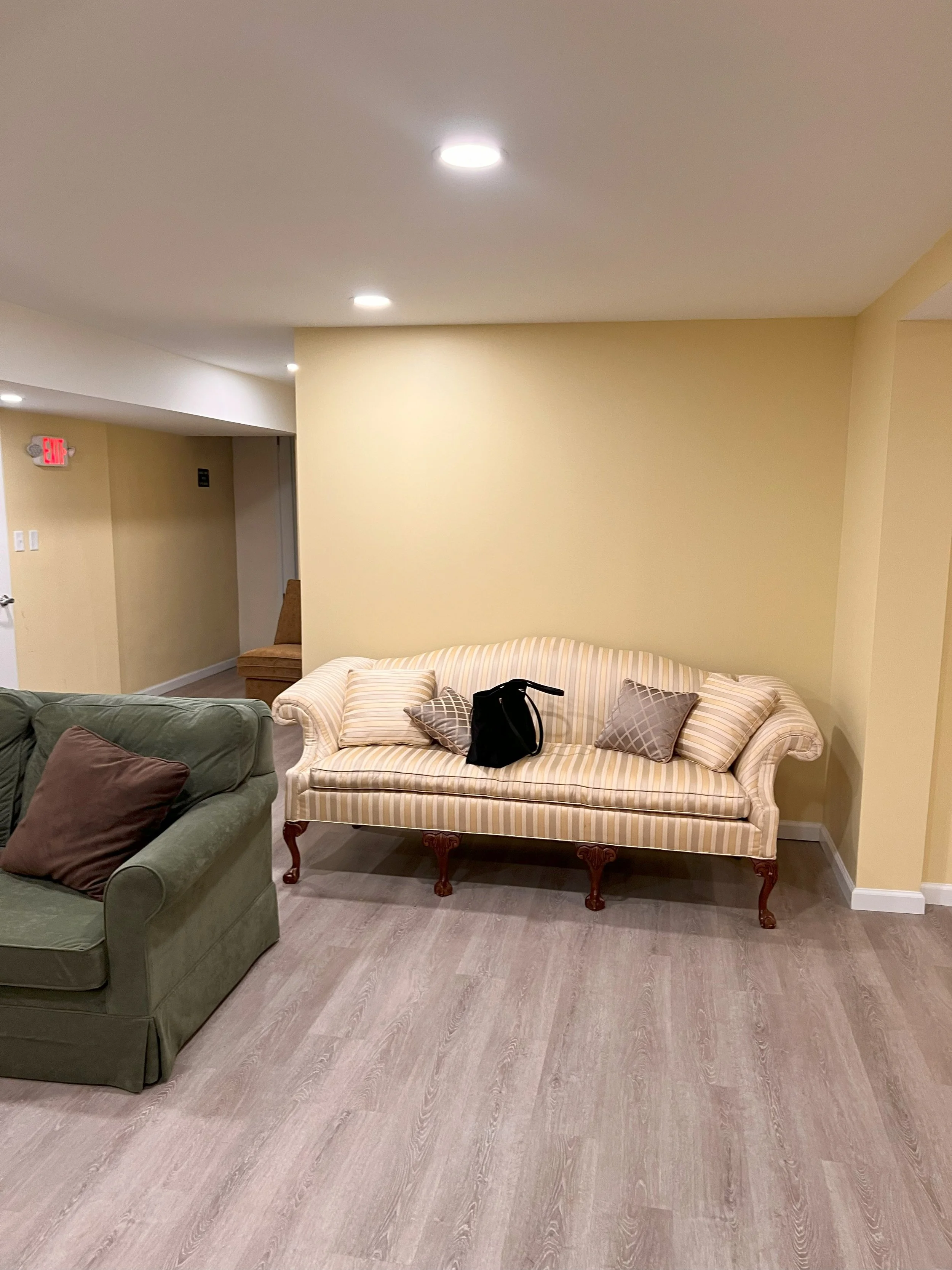 Living room with a beige striped sofa and two pillows, a green armchair with a pillow, and a black bag on the sofa, with beige walls and wood floor.