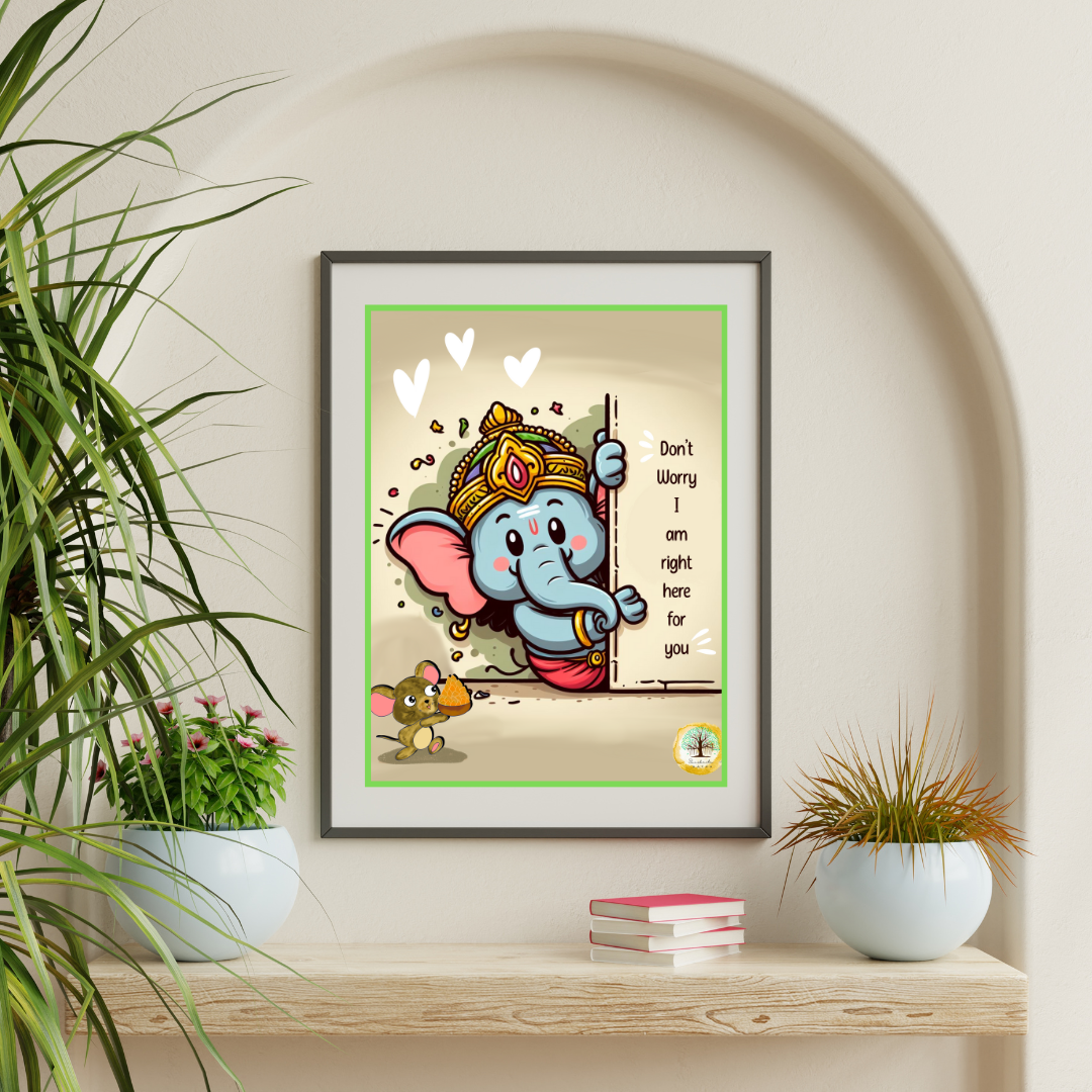 Colorful cartoon drawing of Lord Ganesha peeking from behind a wall, with the text "Don't Worry I am right here for you," surrounded by hearts, with a small mouse holding an Indian sweet nearby.