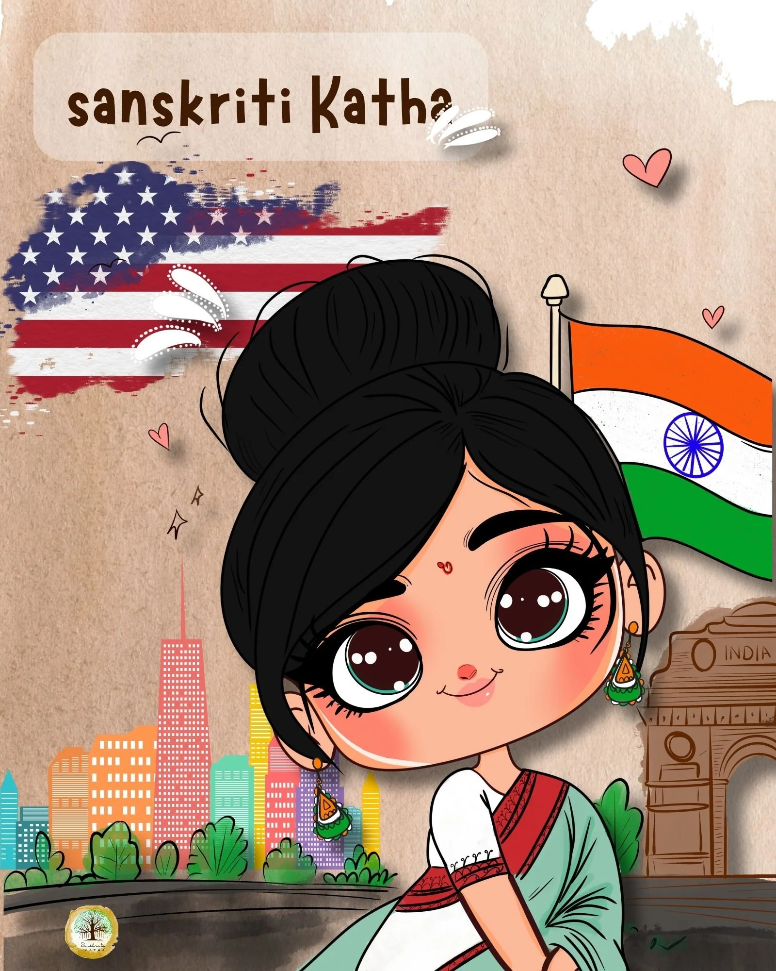 Digital illustration of a girl in traditional Indian attire with the Statue of Liberty, American and Indian flags, and a city skyline in the background.
