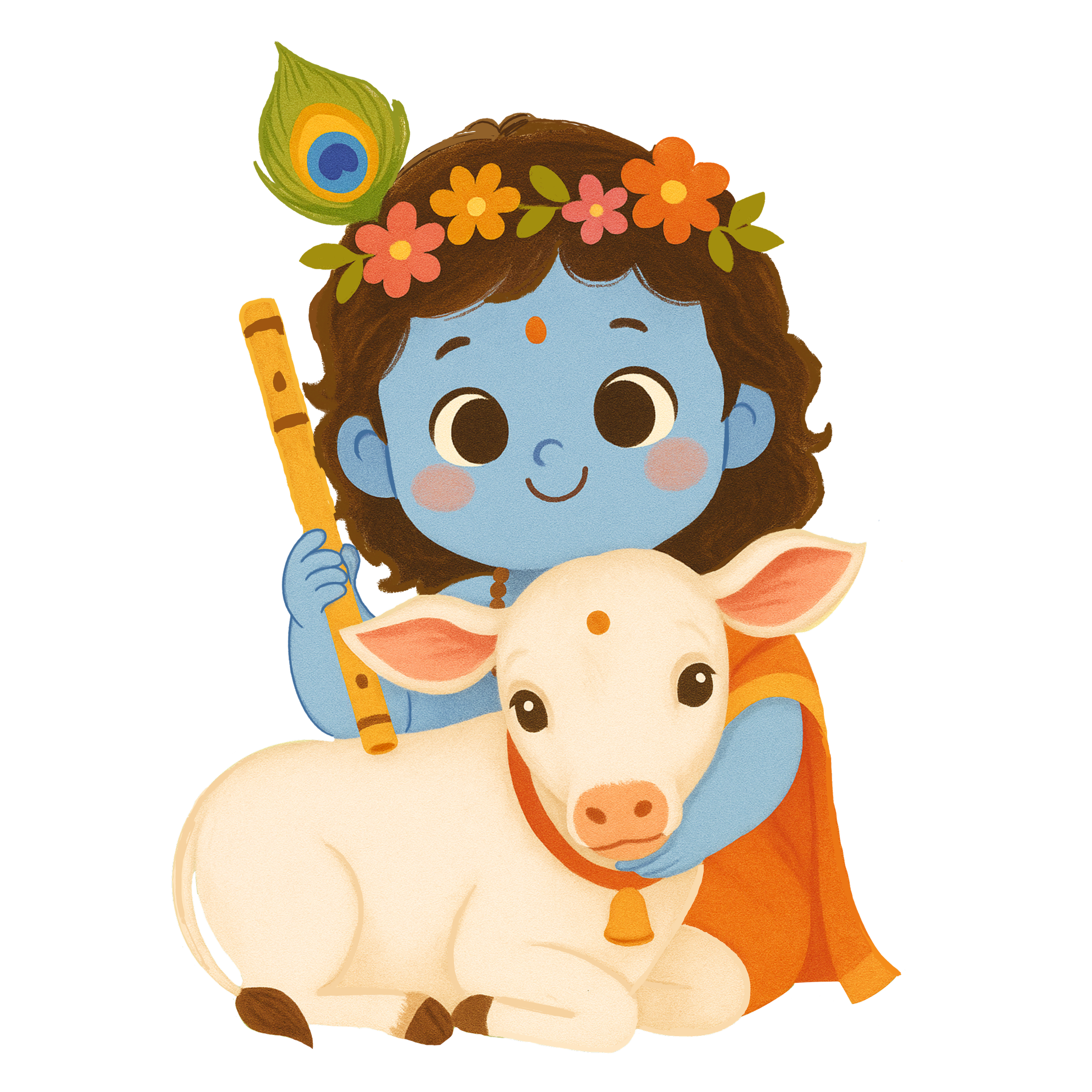 Cartoon of a smiling, blue-skinned child with a flower and peacock feather crown, holding a flute, sitting with a white calf adorned with a red collar and bell.