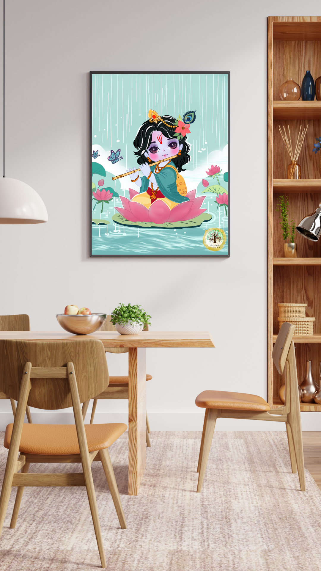A framed illustration of a cartoon character resembling a deity sitting on a pink lotus flower, playing a flute, surrounded by lotus flowers, butterflies, and rain in a pond setting, hanging on a white wall in a modern dining room.