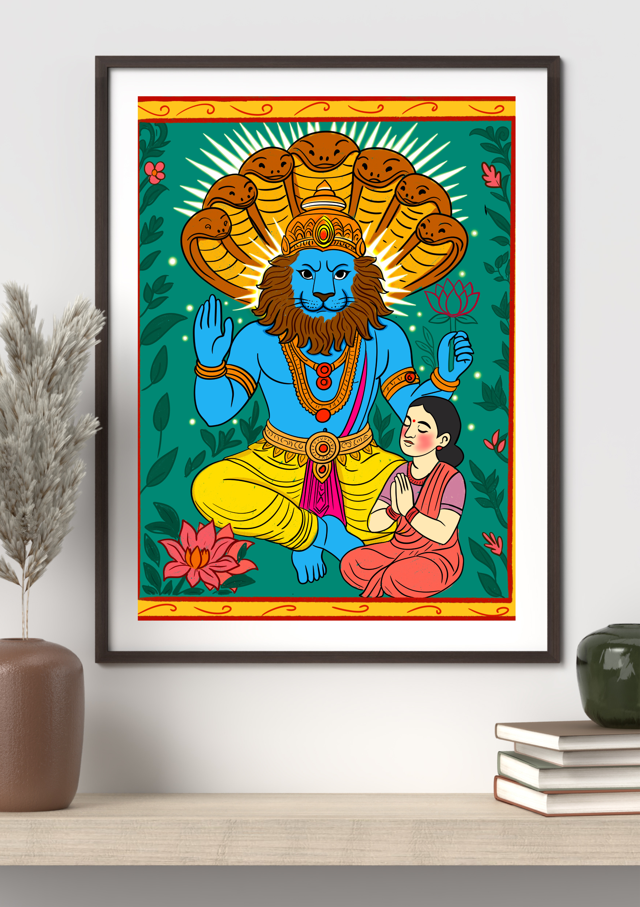 Colorful illustration of Lord Narasimha, a lion-headed deity, with a calm woman praying in front of him, surrounded by floral and natural elements.
