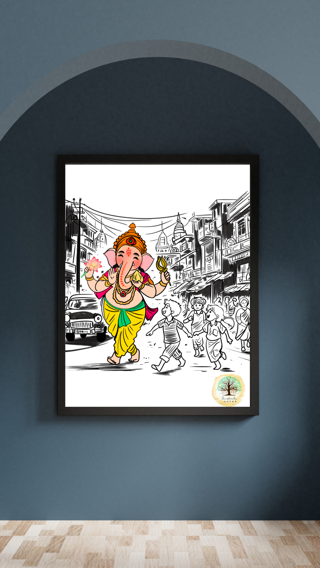 Colorized artwork of Lord Ganesha walking through a busy street, holding a lotus flower and a broken tusk, with children around him, in an urban setting with buildings and power lines.